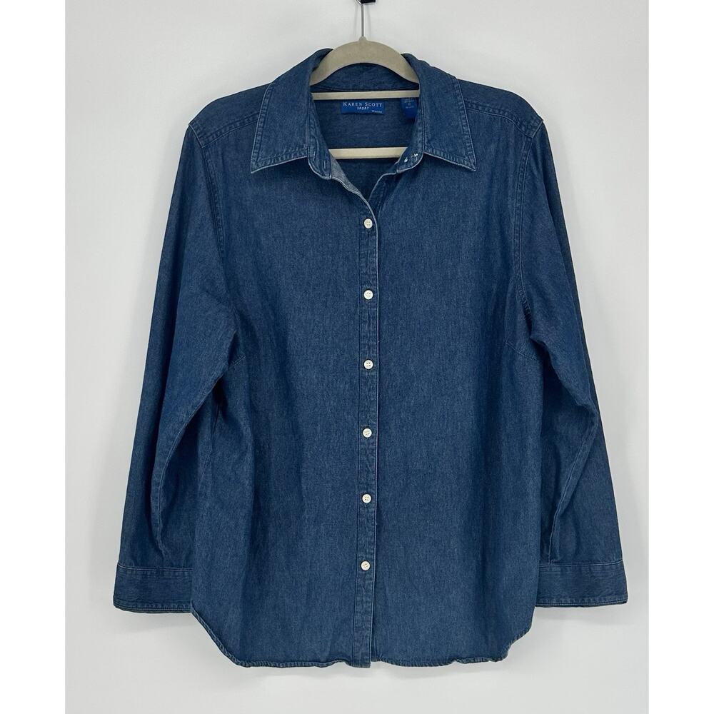 Karen Scott Chambray Denim Tunic roll arm Button-up Top Shirt Jacket 1X Chore